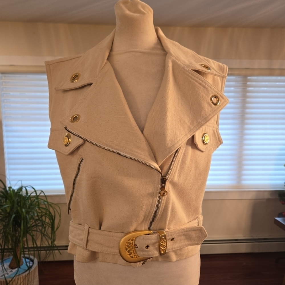 VTG Cache Y2K Isabella Sole Belted Buckle Cream Moto Vest Jacket Womens Small